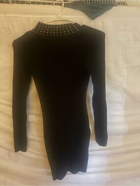 Say What? Black Long Sleeve Studded Mock Neck Bodycon Dress